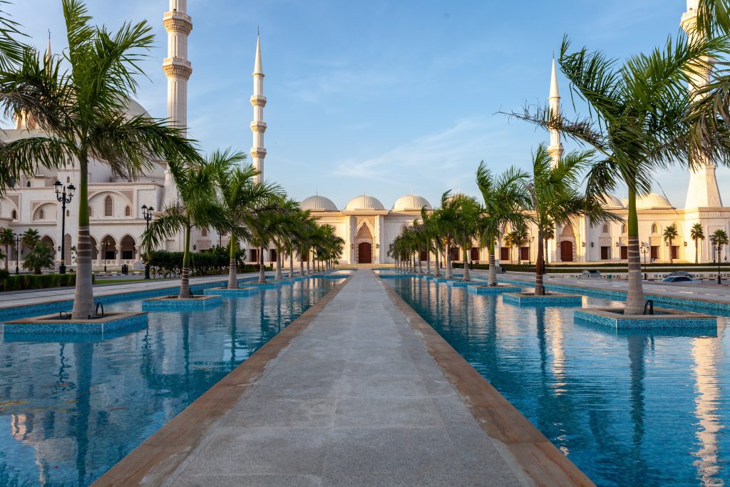 King Faisal Mosque with water walkway, Sharjah, UAE