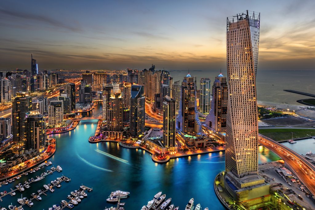 Tall buildings of Marina Bay in Dubai