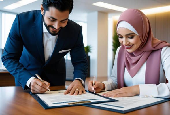 couple signing islamic mortgage contract