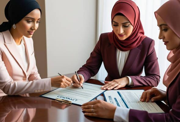 women in hijab signing islamic mortgage