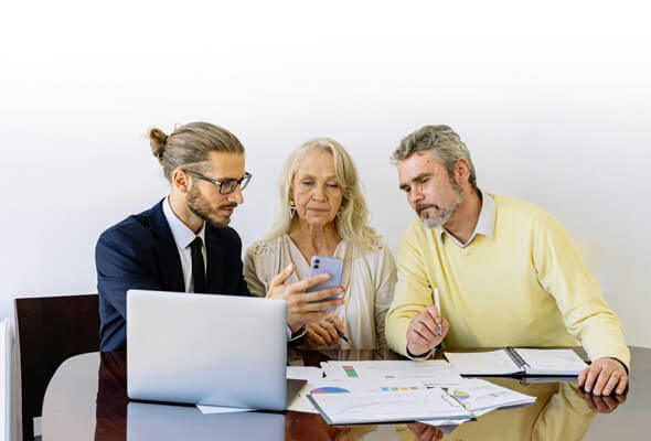 couple talking to mortgage lender for mortgage recast